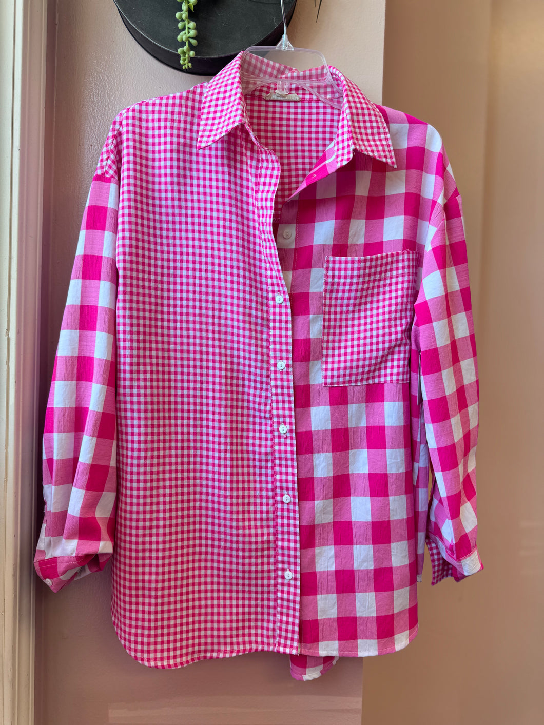 (S) Main Strip Pink Plaid Button Up