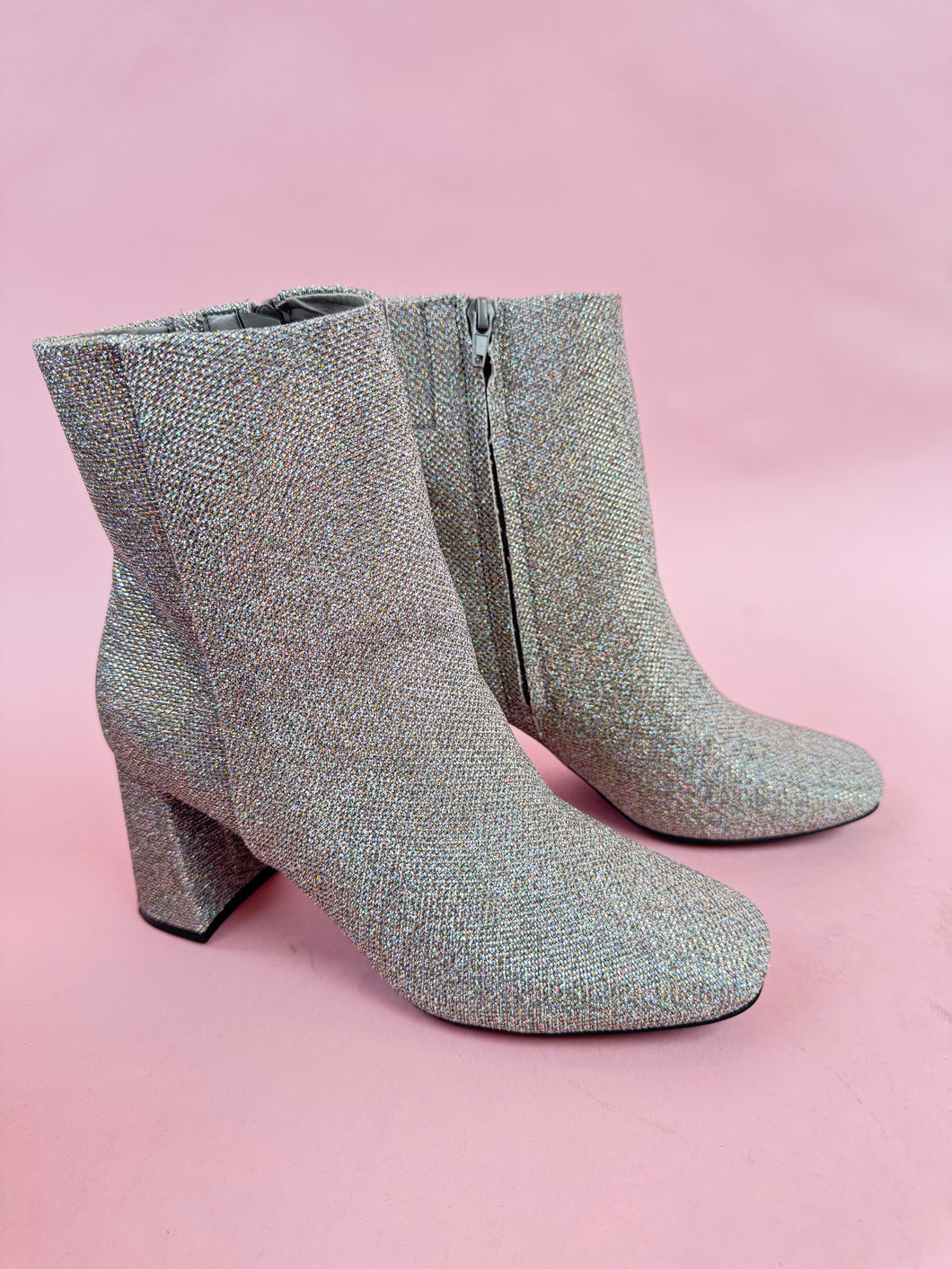 (8.5) Sugar Silver Sparkle Booties Womens
