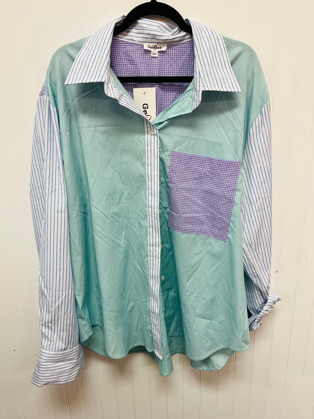 (2XL) GeeGee Purple Green Striped Gingham Button Up Women's