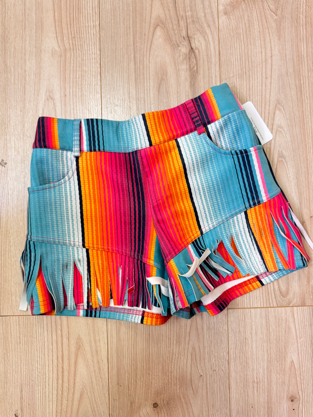 (S) Crazy Train Serape Patterned Fringe Shorts Womens