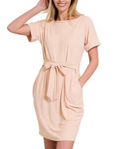 Dusty Blush Belted Dress