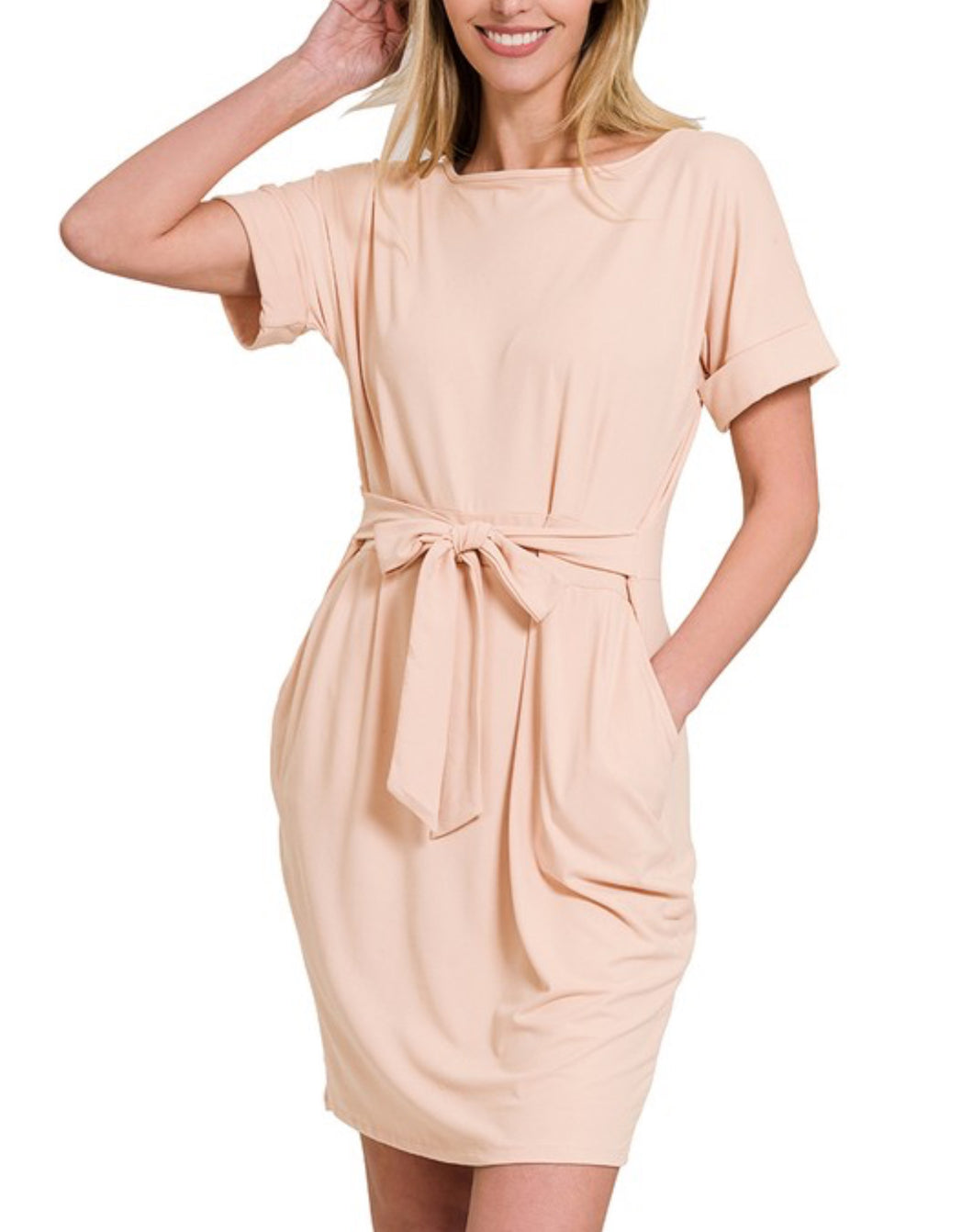 Dusty Blush Belted Dress