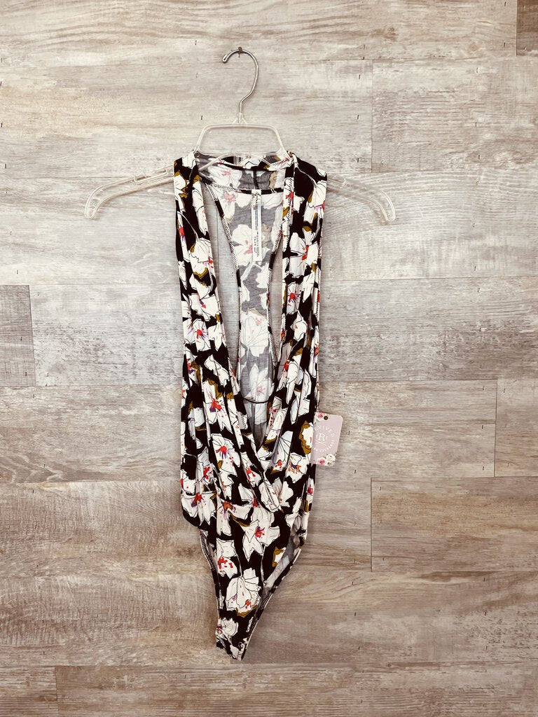 (S) Free People Black Floral Bodysuit Womens