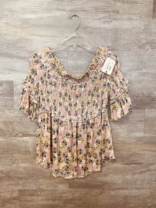 (Large) Boutique Pink Yellow Floral Shirt Women's