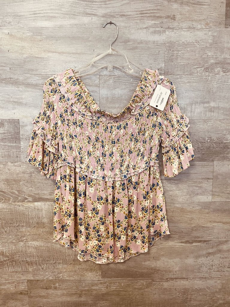 (Large) Boutique Pink Yellow Floral Shirt Women's