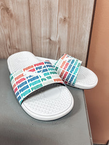 (7) Puma White Color Logo Slides Womens