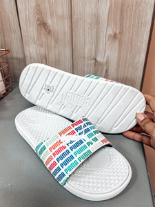 (7) Puma White Color Logo Slides Womens