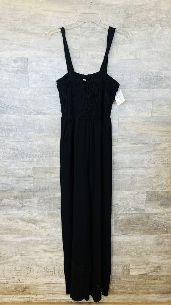 (L) Zenana Black Smocked Jumpsuit Womens