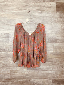 (L) Natural Life Taupe Pink Floral Top Womens