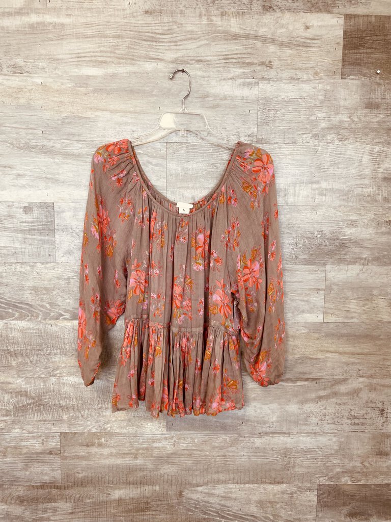 (L) Natural Life Taupe Pink Floral Top Womens