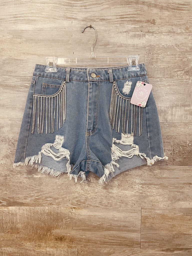 (S) Blue B Light Sparkly Denim Short Womens