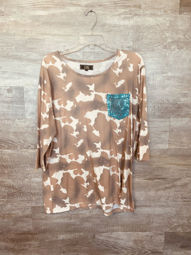(XL) Lucky & Blessed Cowprint Sequin Tee Womens