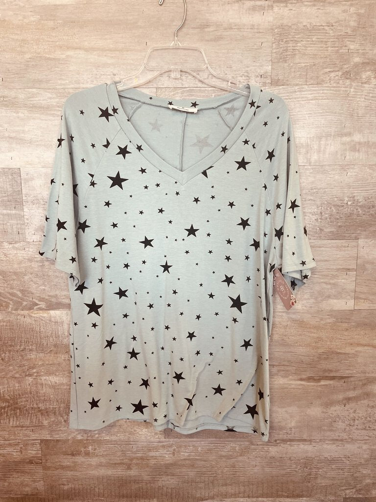 (Medium) Zenana Light Blue Black Star Shirt Qomen's