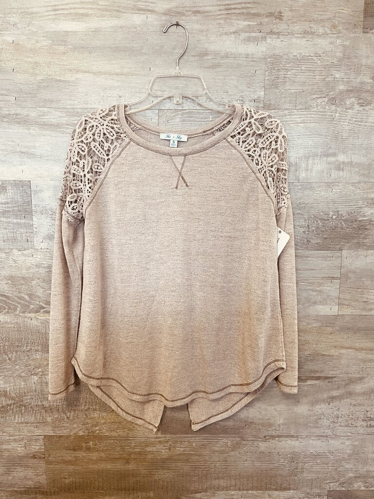 (S) She + Sky Taupe Lace Shirt Womens