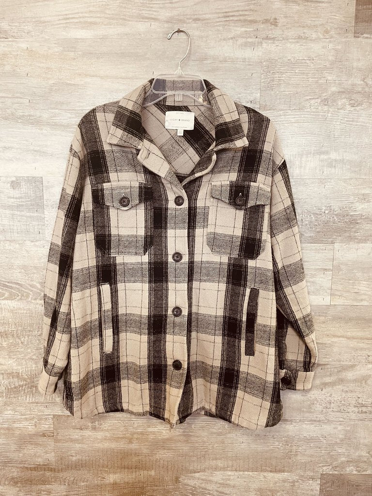 (S) Lucky Brand Taupe Black Plaid Shacket Womens
