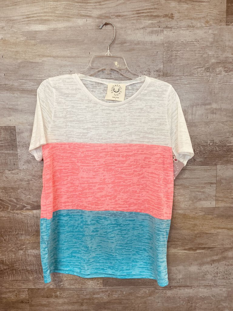 (L) Fantastic Fawn White Pink Blue Top Womens