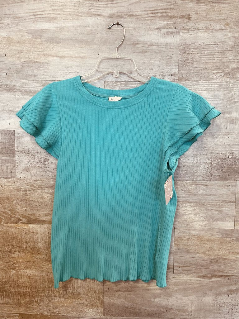 (L) Bibi Green Ribbed Ruffle Top Womens