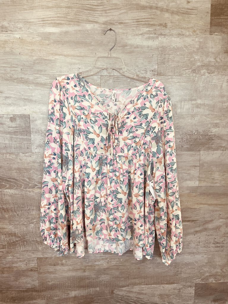 (XL) ePretty Pink Green Floral LS Top Womens