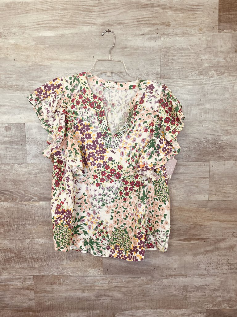 (L) Maurices Green Pink Floral Ruffle Sleeve Top Womens