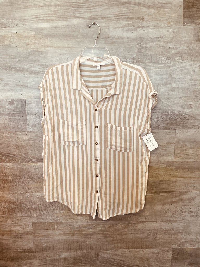 (1X) MittoShop Tan Stirped Button Up Women's
