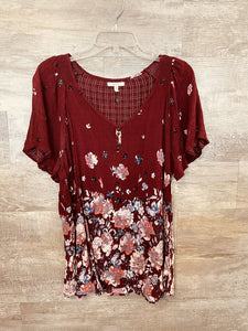 (XL) Maurice's Maroon Blue Floral Shirt Womens