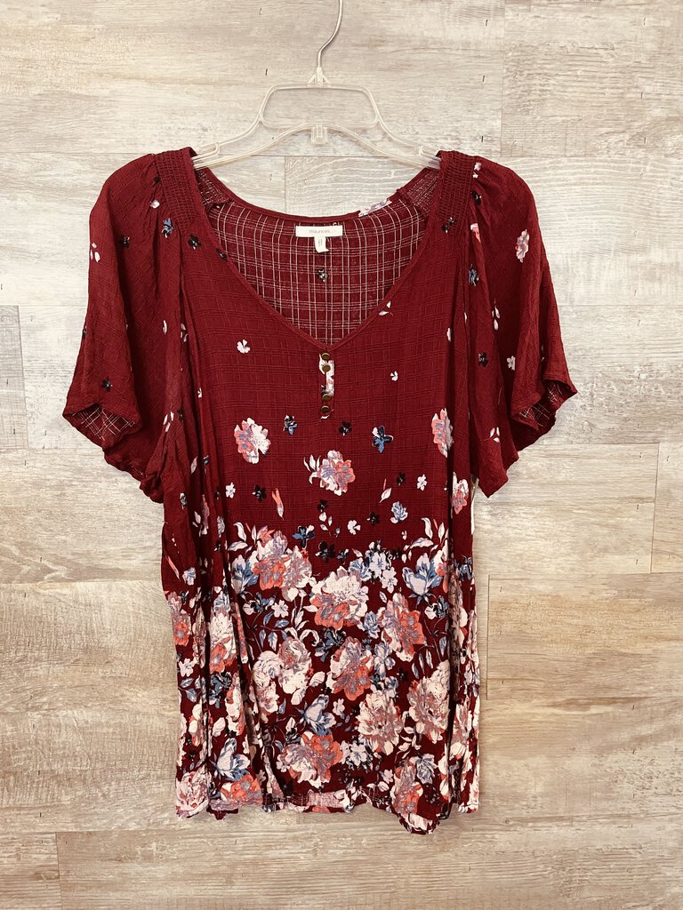 (XL) Maurice's Maroon Blue Floral Shirt Womens