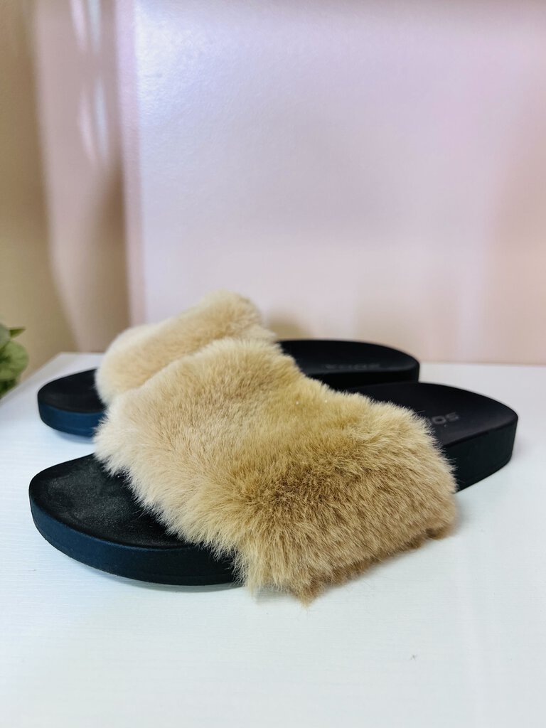 (8) Soda Tan Fuzzy Slides Womens