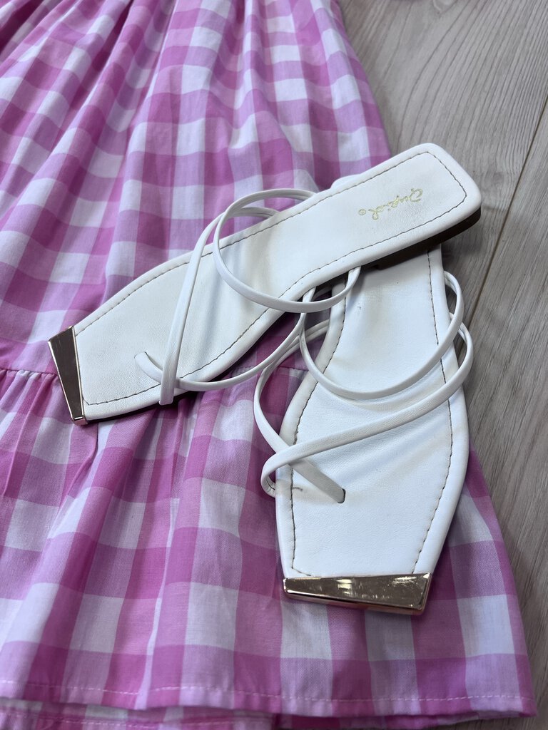 (7)Qupid White Gold Toe Flats Women's