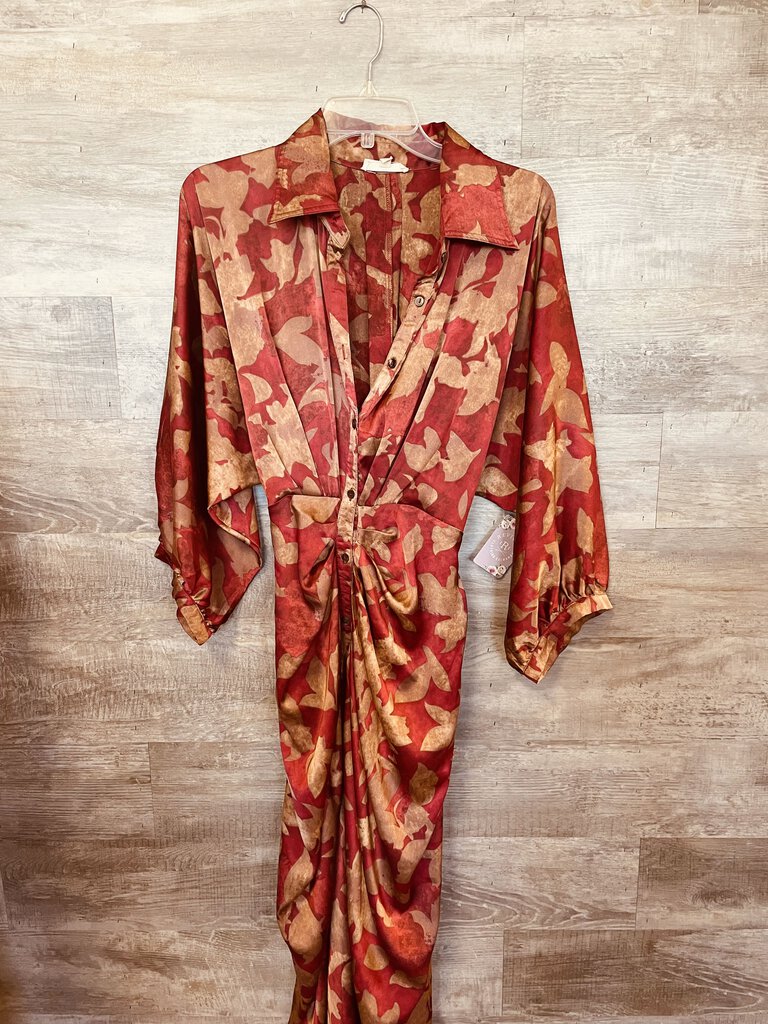 (L) Entro Tan Red Patterned Dress Womens