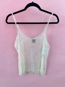 (L) Aziz White Sheer Sparkle Tank Womens