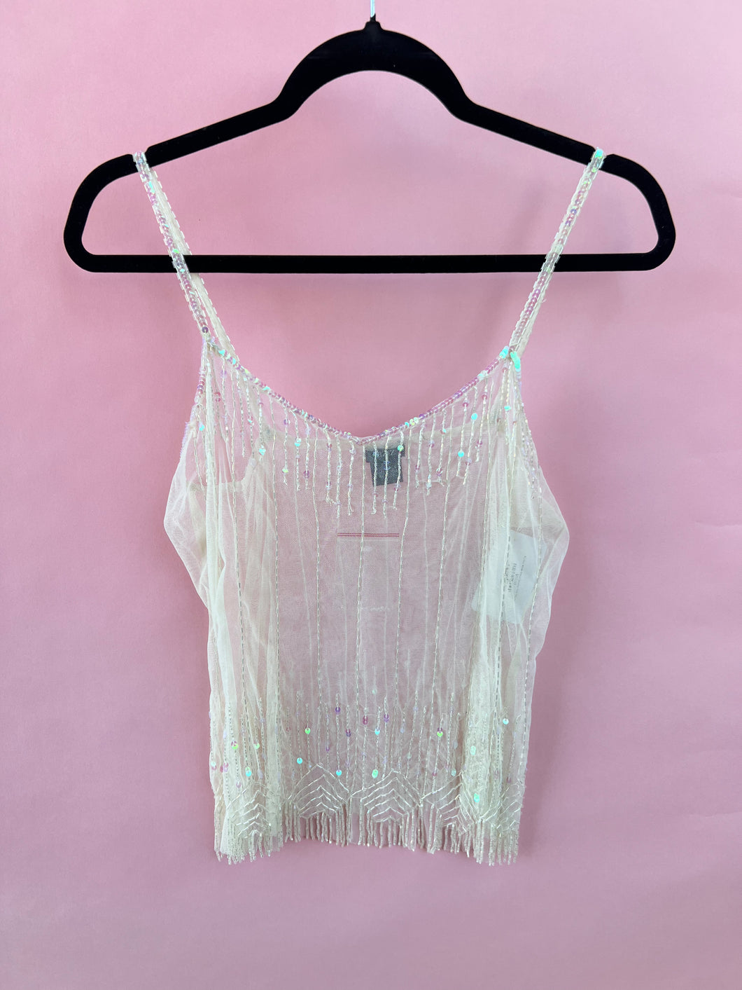 (L) Aziz White Sheer Sparkle Tank Womens