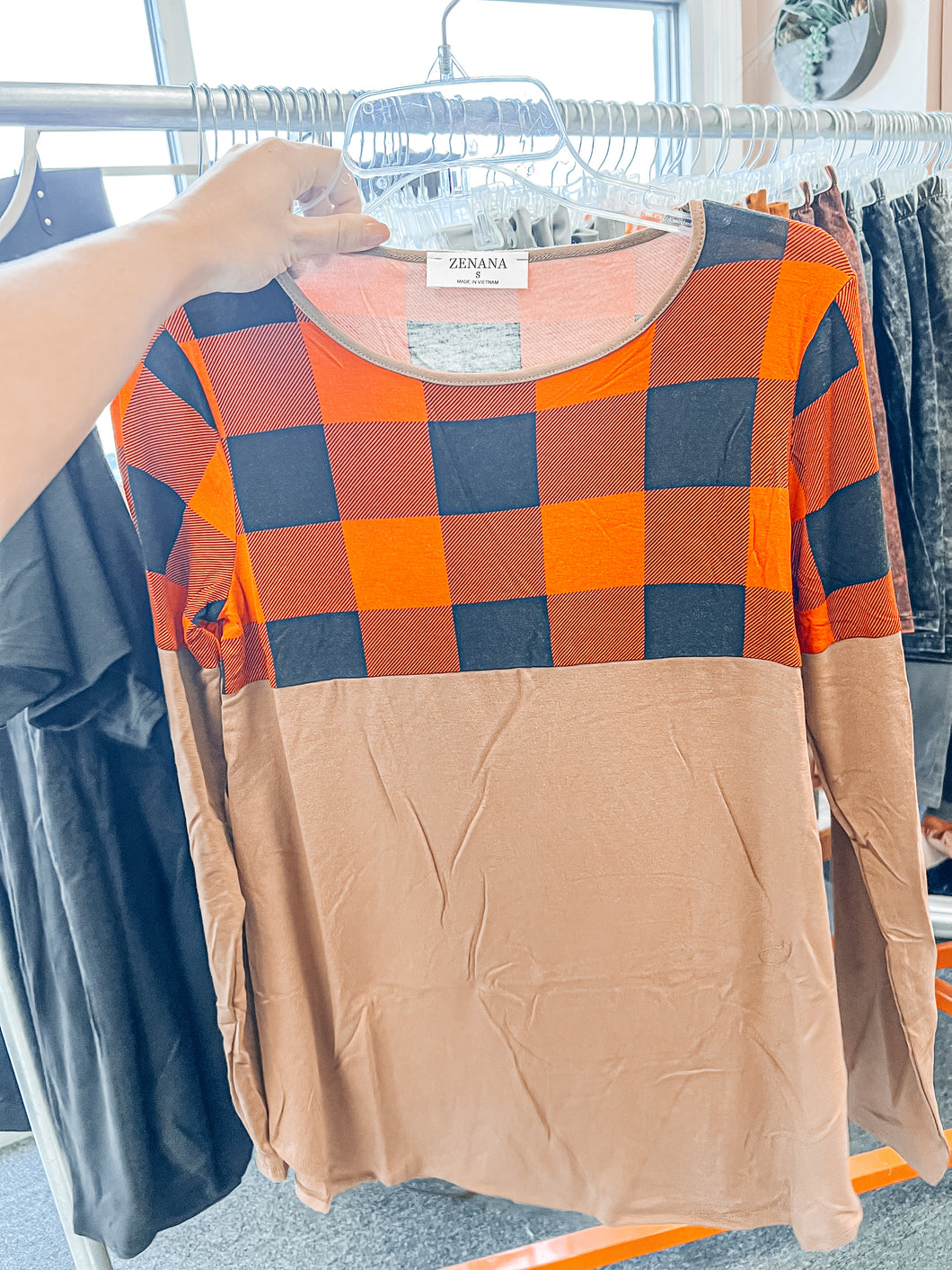 Plaid Tan Long Sleeve Tee