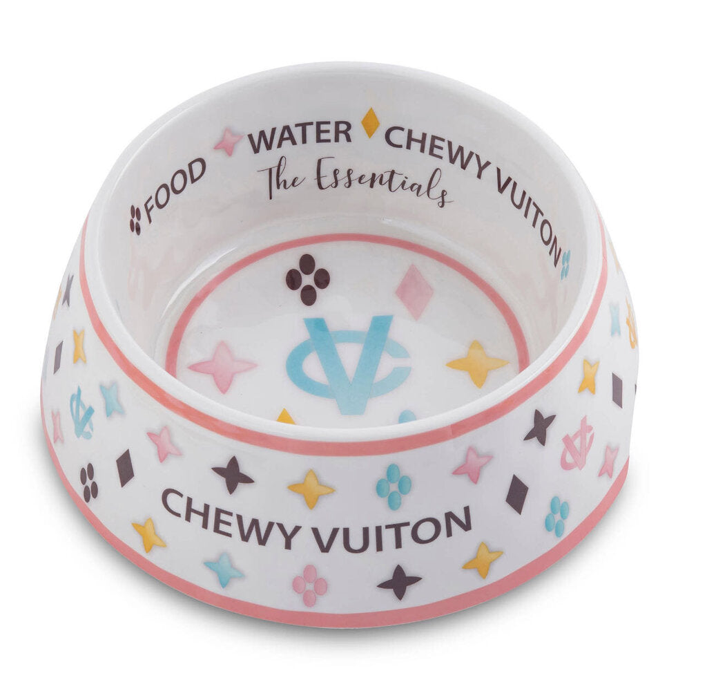White Chewy Vuitton Dog Bowl Small