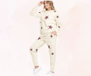 Cream Dark Burgundy Star Lounge Set Women's