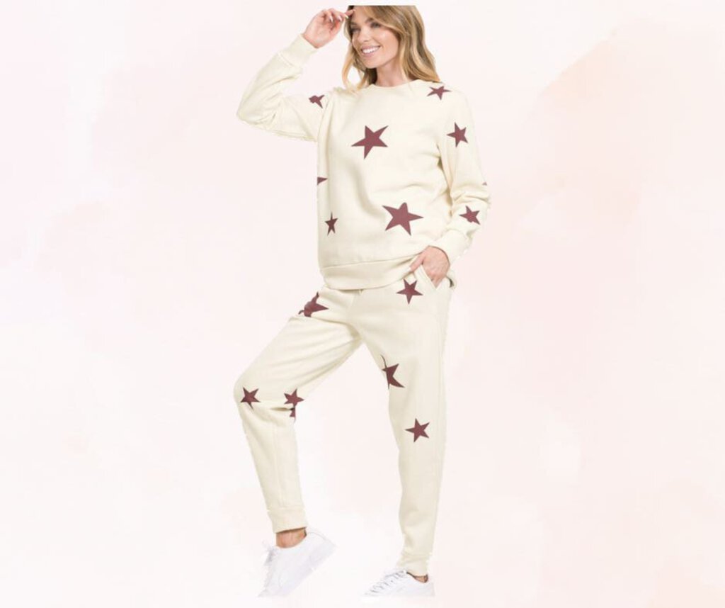 Cream Dark Burgundy Star Lounge Set Women's