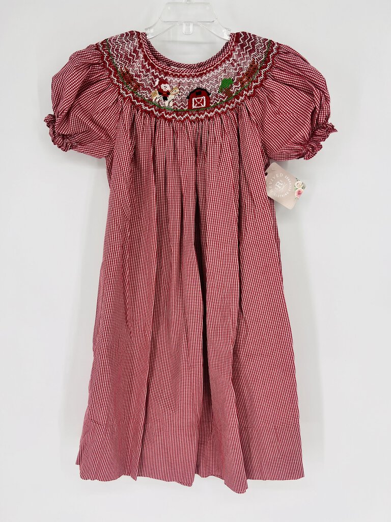 (6) Rosalina Red Gingham Smocked Cowboy Santa Dress