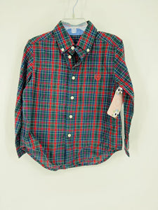 (4T) Chaps Dark Green Plaid LS Shirt Boys