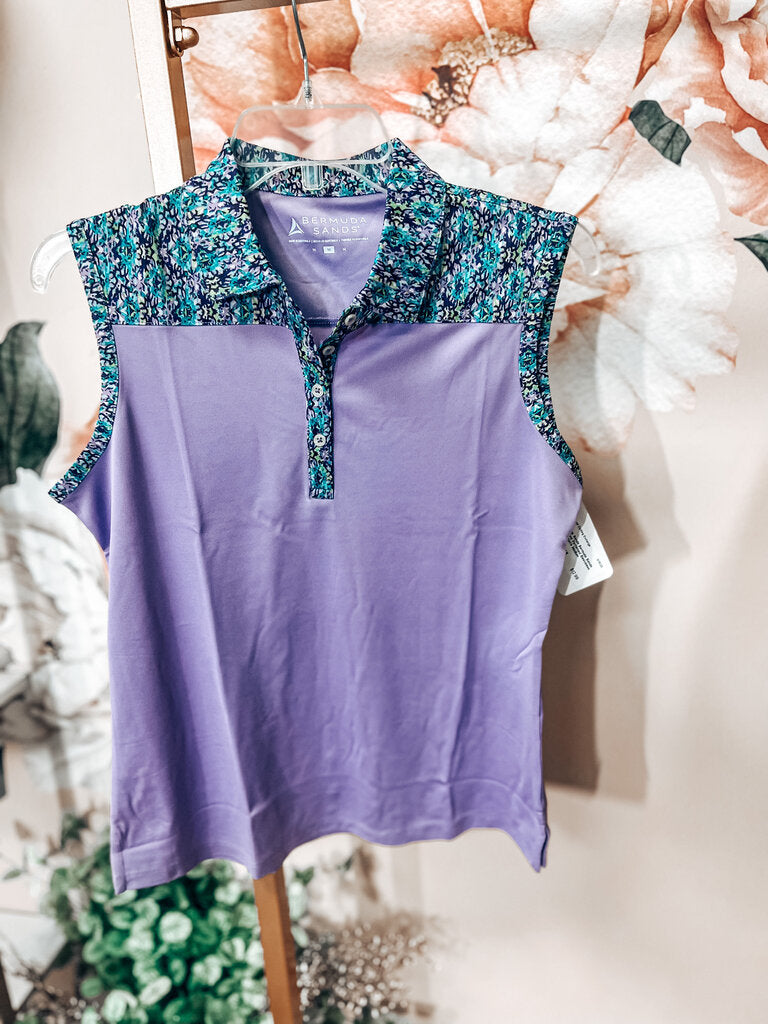 Bermuda Sands Purple Teal Patterned Sleeveless Polo Women's