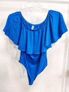 Zenana Blue Ruffled Bodysuit Women's