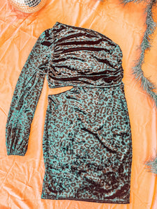 (Small) Simple Green Leopard Velvet Cutout Dress Women's