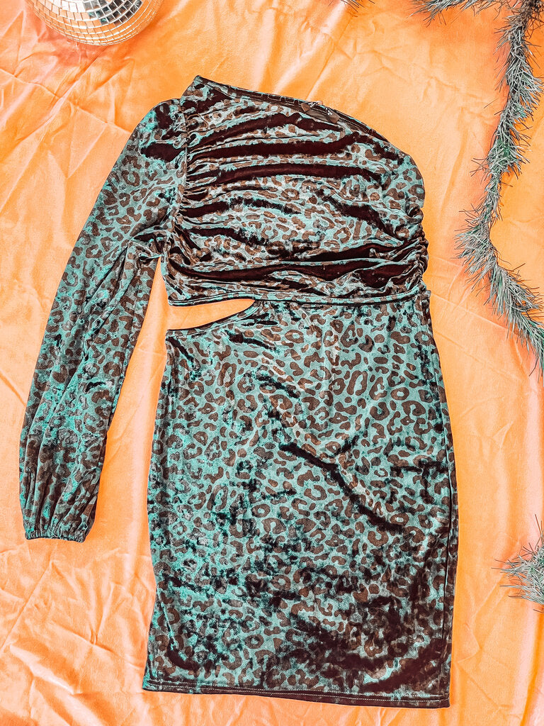 (Small) Simple Green Leopard Velvet Cutout Dress Women's