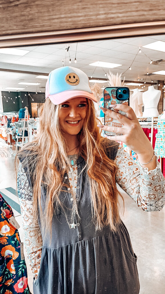 Pink Smiley Patch Trucker Hat