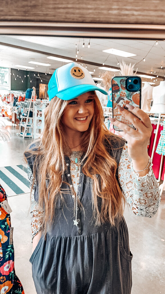 Blue Smiley Patch Trucker Hat