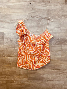 (Medium) Nine West Orange Floral One Shoulder Shirt Women's