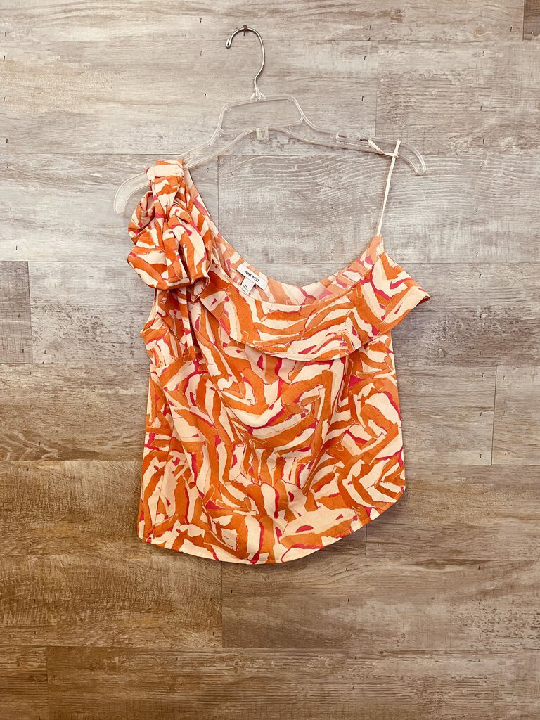 (Medium) Nine West Orange Floral One Shoulder Shirt Women's
