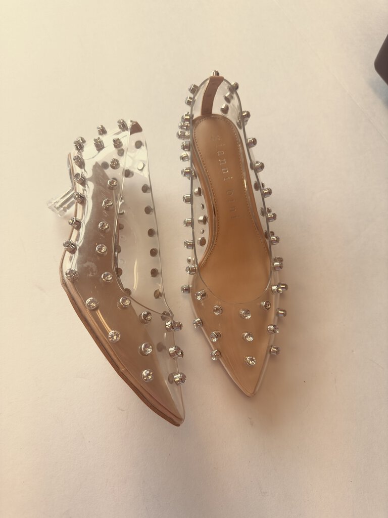 (6.5) Gianni Bini Silver Sparkle Clear Shoes Womens