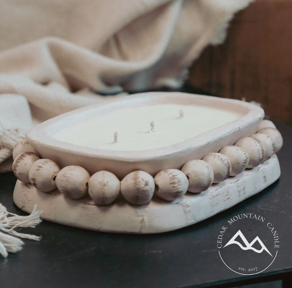 Cedar Mountain Candle Toasted Pumpkin & Cranberry 3 Wick Wood Pottery Beaded Dough Bowl Candle