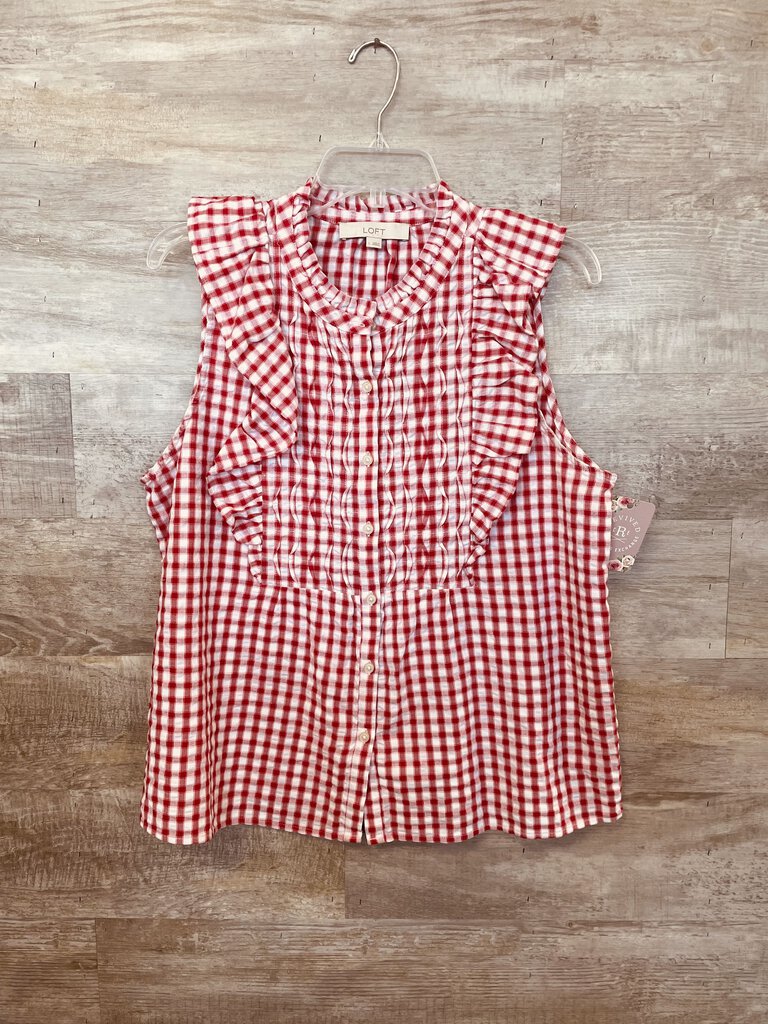 (L) Loft Red Gingham Ruffle Sleeve Top Women's