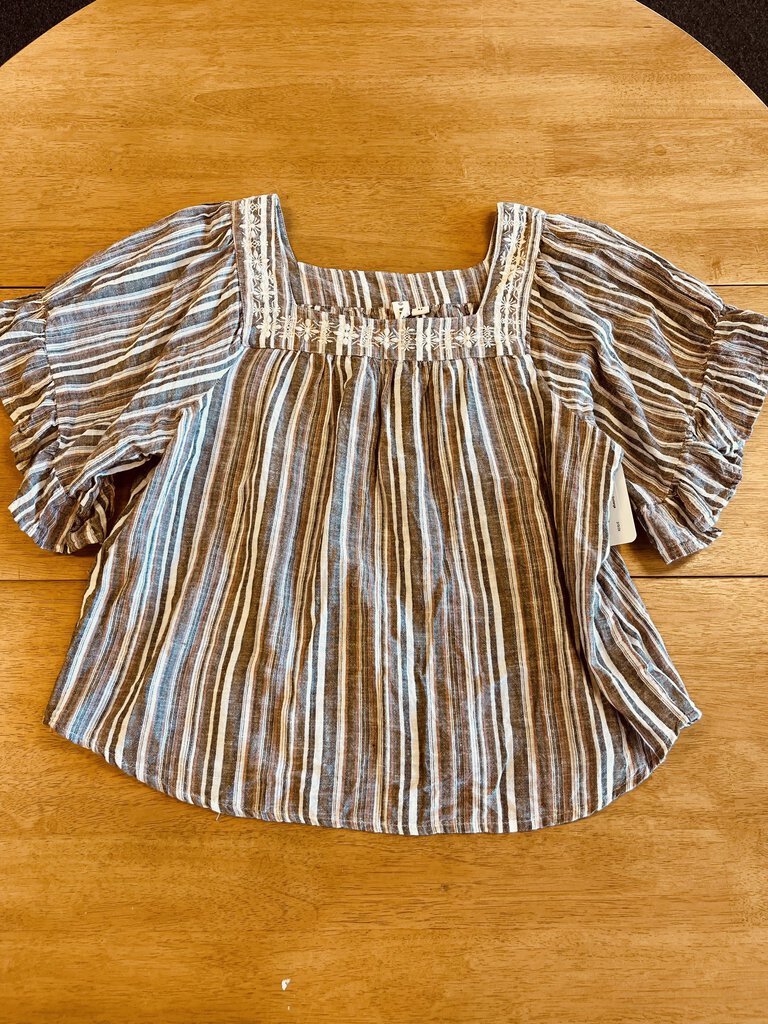 (Medium) Studio West Green Striped Lace Trim Shirt Women's