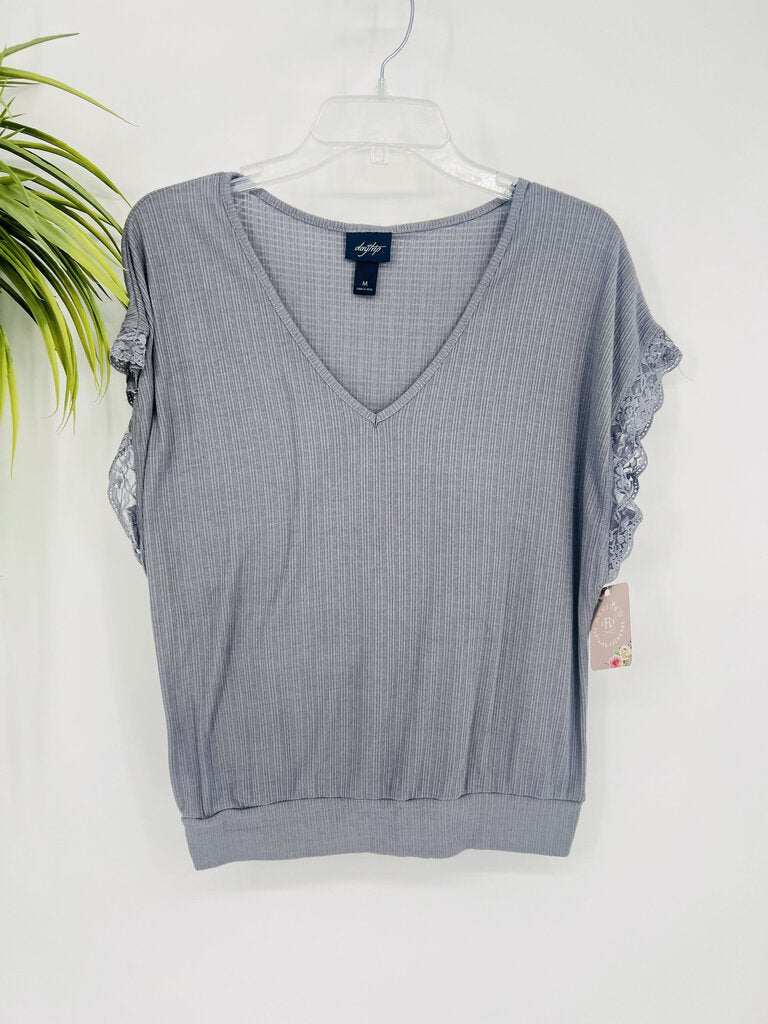 (M) Daytrip Grey V-Neck Lace Sleeve Top Womens